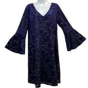 Navy Blue Burnout Crushed Velvet Dress Sz 10 Floral Goth Hippie Stretch Y2K